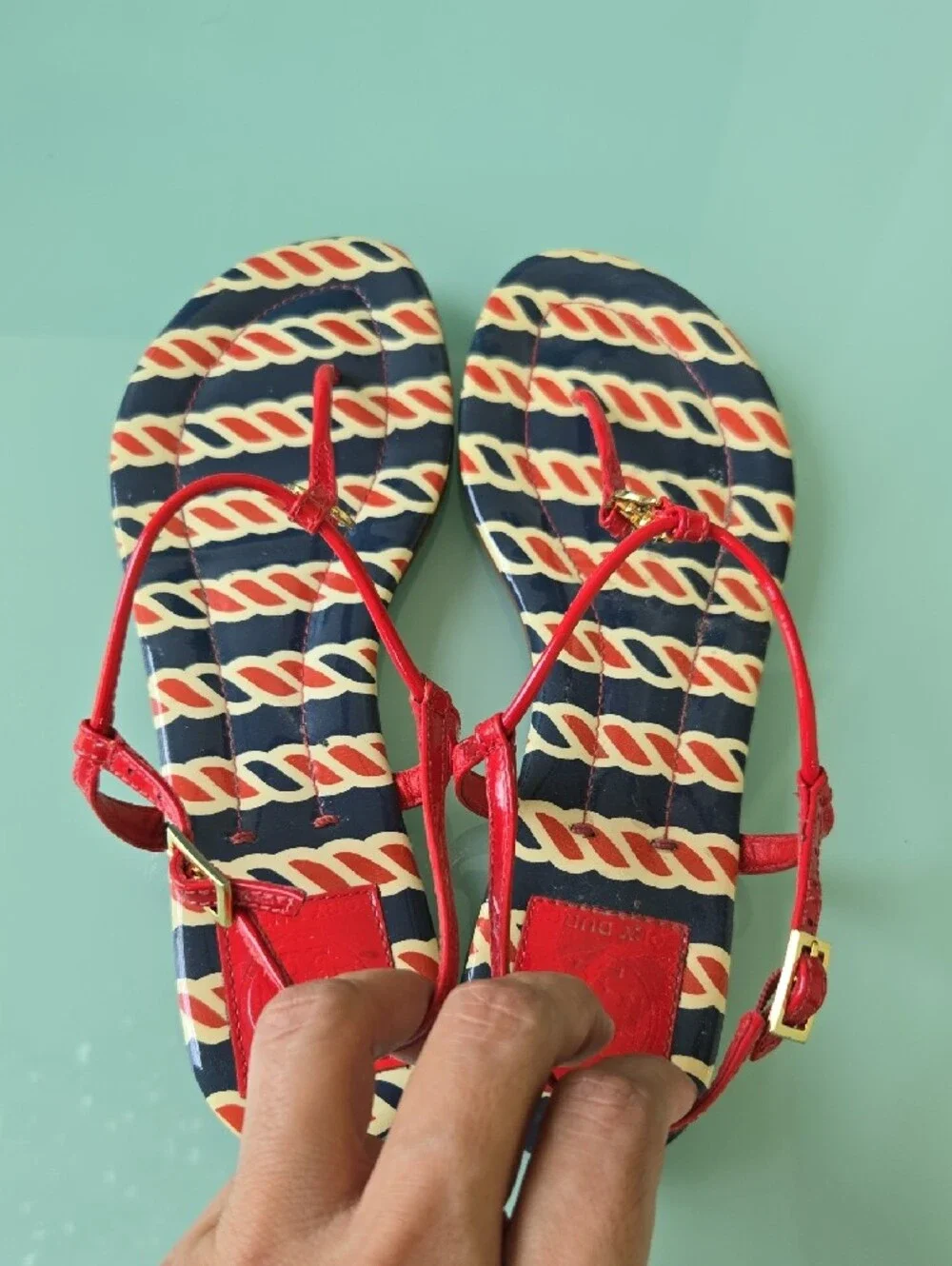 Tory Burch Red Patent T-Strap Sandals with Navy & Cream Rope Print